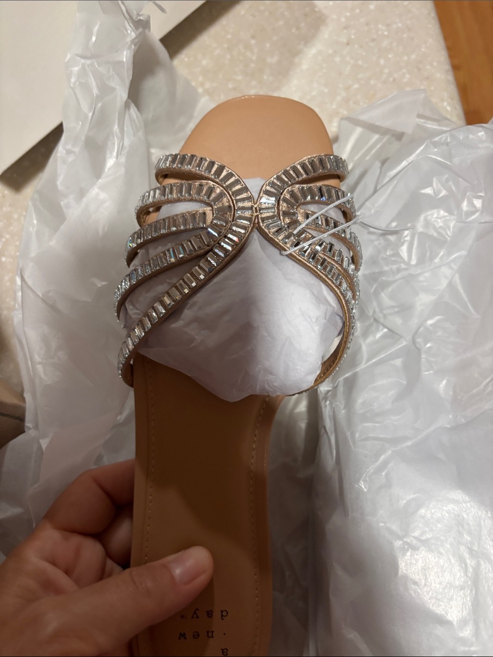 Embellished Nude Slide Sandal with Silver Crystal Straps